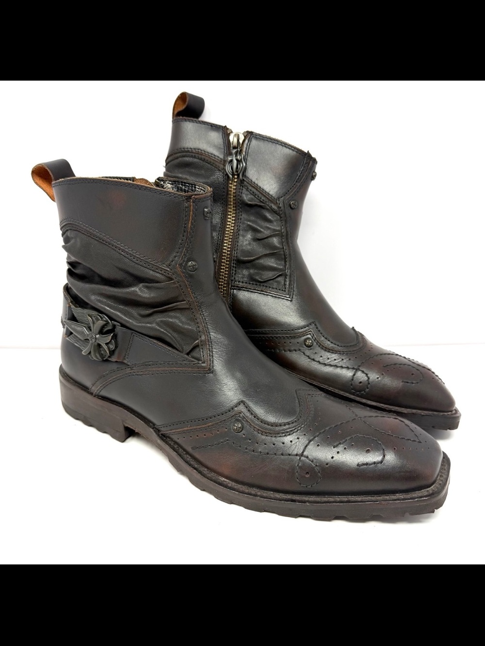 Mark Nason Lounge Men’s U Rock Ankle Boots Sz 8 Brown Leather Side Zip Moto EUC